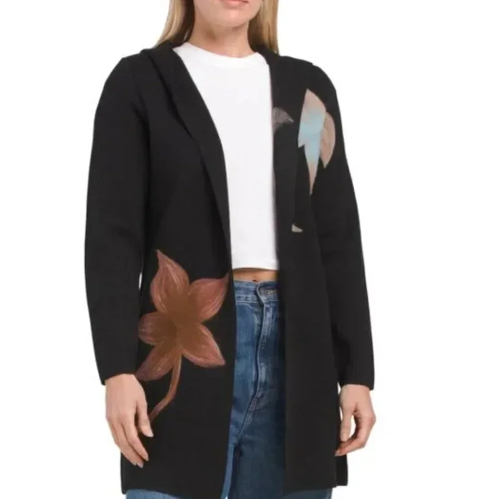 Sioni Black Floral Open Cardigan Size XL